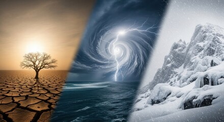 Dramatic depiction of climate change, weather, and icy mountains.