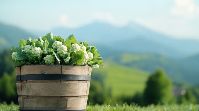 A wooden bucket filled with fresh green vegetables sits on grass with a scenic, blurred mountain landscape in the background.