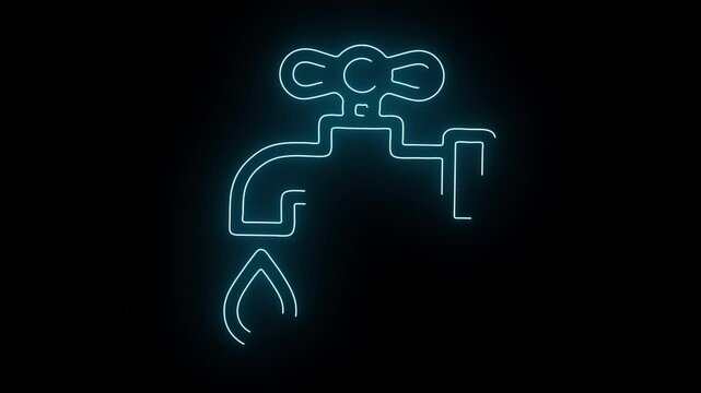 Blue Neon Faucet Icon With Dripping Water On Black Background image photo