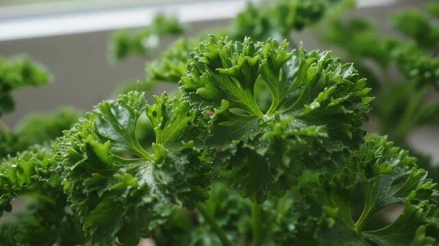 Close up of fresh curly parsley leaves in natural light.