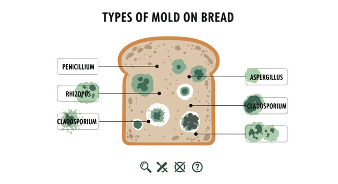 An infographic illustration of types of mold on bread with labeled fungus growth.