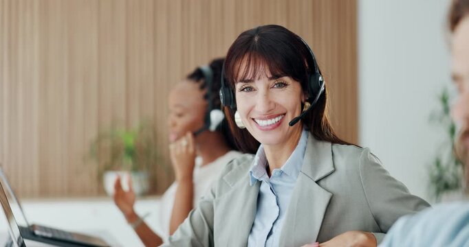 Microphone, coworking and face of woman in call center for customer support, help desk or about us. Happy agent, staff and mature person with tech for inbound assistance, friendly service and advice