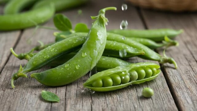 Fresh Green Peas in Pods on Rustic Wooden Table.