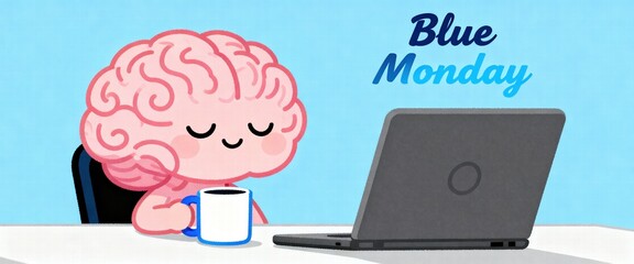 Blue Monday concept with cartoon brain character working on laptop