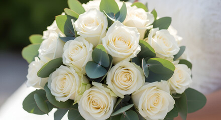 Obraz premium White Rose Bridal Bouquet with Eucalyptus Greens Classic White Rose Bouquet in a Circular Form Eucalyptus-Accented White Rosy Bouquet Timeless Wedding Bouquet: White Roses, Green Leaves Elegant White 