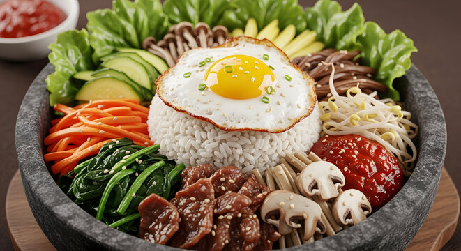 Bibimbap Bowled Art: Colorful Rice Bowl with Egg
Korean Bibimbap: Rainbow of Veggies and a Sunny Egg
Stone Bowl Gourmet: Vibrant Bibimbap Centerpiece
A Colorful Rice Bowl: Greens, Carrots, Mushrooms, 