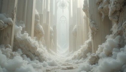 Mysterious foggy cathedral interior with stunning gothic architecture