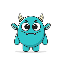 Fototapeta premium Cute blue monster with horns and big eyes, cartoon character, funny creature, isolated on white