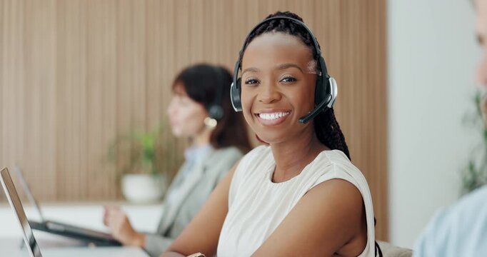 Laptop, coworking and face of woman in call center for lead generation, online sales or about us. Telemarketing, staff or happy consultant with technology for outbound assistance or product knowledge