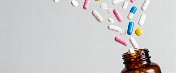 Colorful Pills Spilling from Medicine Bottle
