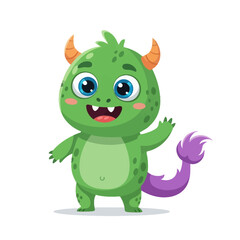 Fototapeta premium Cute green monster waving hello, cartoon character, friendly, playful, isolated on white background
