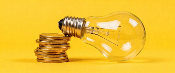 Light Bulb with Stack of Coins on Yellow Background