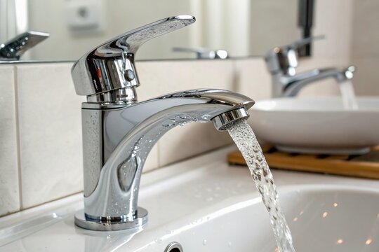 A sink with a silver faucet and water flowing from it
