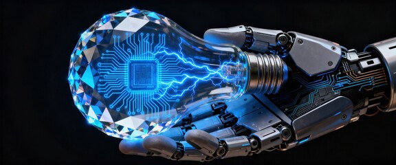 Futuristic Robot Hand Holding Glowing Light Bulb with Circuitry