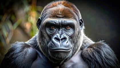 Obraz premium Close-up portrait of a powerful silverback gorilla in its natural habitat.