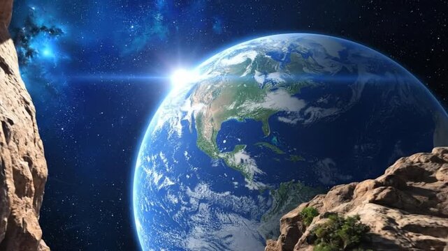 View of planet Earth from a y landscape, illuminated by the sun.