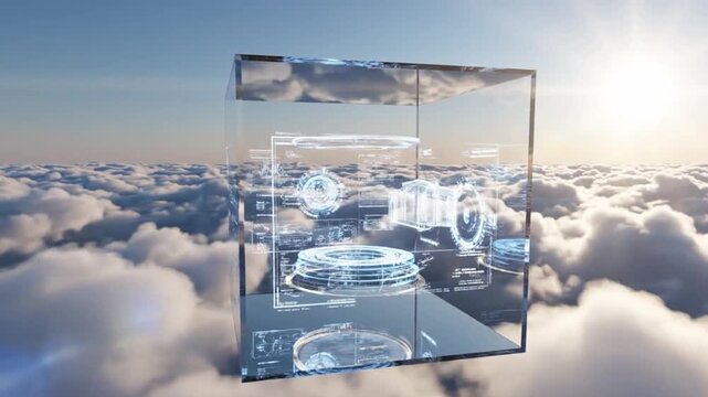 Floating Glass Cube Laboratory Above Clouds for World Creativity and Innovation Day