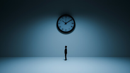 時計のある静かな部屋の中央に立つ人物シルエット