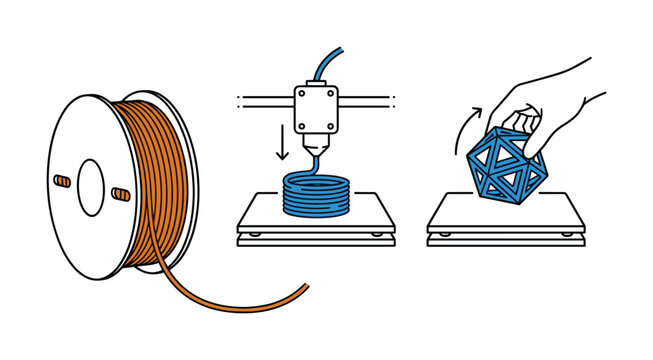 3d printing process step by step illustration of filament spool printer and finished object