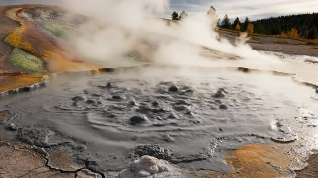 Erupting mud volcano spewing thick, grey sludge creating steam in geothermal area with colorful hillside