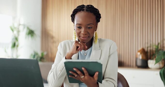 Thinking, tablet and black woman in office, smile or email for article submission. African person, copywriting or journalist in workplace, online reading or ideas for creative project or website info