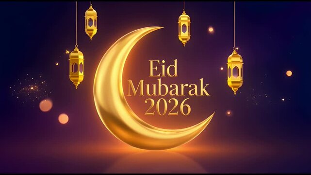 Majestic three dimensional golden crescent moon shines brightly above elegant glowing lanterns wishing everyone Eid Mubarak for the year twenty twenty six celebration occasion