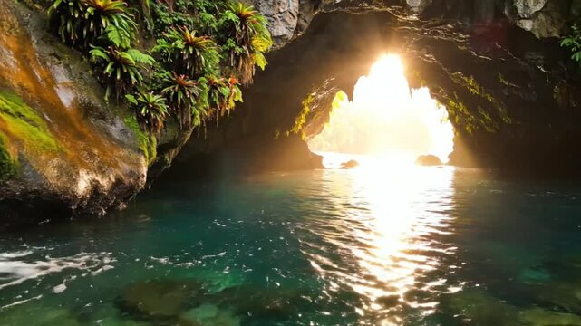 Tranquil waterfall cascading into a crystal clear pool inside a lush, sunlit cave, a serene natural paradise