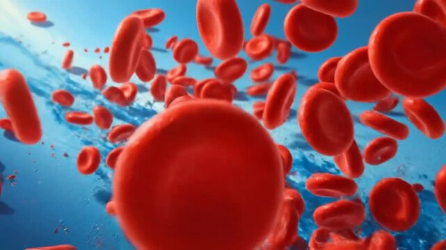 Abstract illustration of red blood cells flowing in a blue liquid stream, representing health.