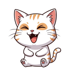 Obraz premium Cute cartoon white and orange tabby cat character laughing with its mouth wide open and eyes closed, sitting down with paws tucked in, isolated. isolated PNG with Transparent Background