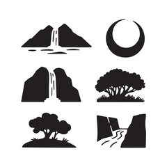  Nature Landscape Silhouette Icon Set Featuring Waterfalls Mountains Trees Rivers and Crescent Moon. © shahariea