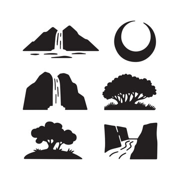  Nature Landscape Silhouette Icon Set Featuring Waterfalls Mountains Trees Rivers and Crescent Moon.