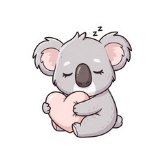 Fototapeta premium Cute sleeping koala bear cartoon character illustration holding a pink heart, isolated. This adorable baby animal is depicted in a sweet, gentle, and dreamy pose