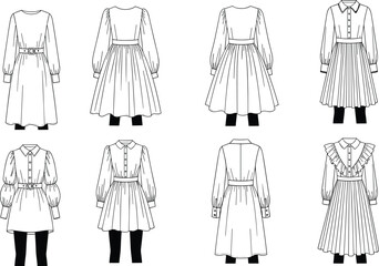 Elegant Women Fashion Dress Vector Set with Long Sleeve Shirt Dresses Pleated Skirts and Button Down Details for Apparel Design