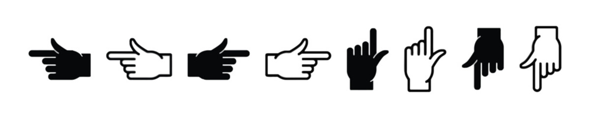 Collection of hand pointer finger icons pointing in different directions with black and white options