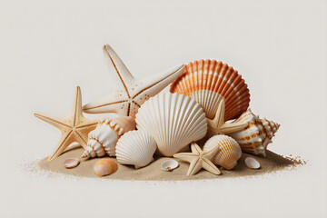 Assortment of Seashells and Starfish on Sand beach ocean