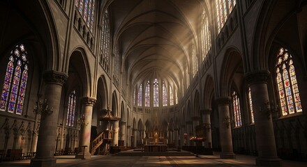 Obraz premium Majestic interior view of a grand gothic cathedral nave illuminated by dramatic sunbeams streaming through tall vibrant stained glass windows creating an ethereal atmosphere