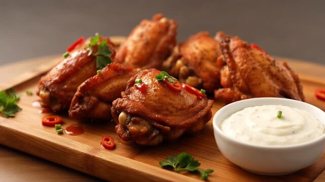 Delicious Roasted Chicken Wings on Wooden Board with Creamy Dip