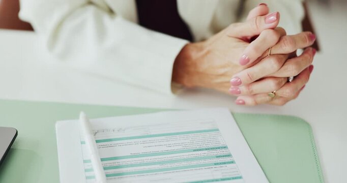 Business, woman and hands with contract for signing, job application or legal agreement in office. Female person, writing or signature with document or form for career or registration in workplace