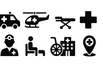 Collection of medical and healthcare icons with ambulance helicopter stretcher and hospital © Taniya