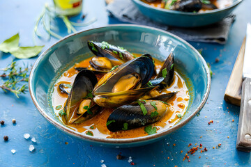 Bowl of steamed mussels in orange broth with parsley garnish seafood shellfish