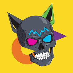 Abstract Skull with Neon Eyes and Cat Ears, Geometric Shapes, Vibrant Yellow Background