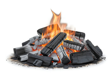 Pile of burning charcoal logs with orange flames on white background fire wood