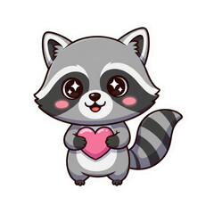 Fototapeta premium Cute cartoon baby raccoon character with sparkling eyes holding a pink heart, depicted in a charming and friendly vector illustration style. isolated PNG with Transparent Background