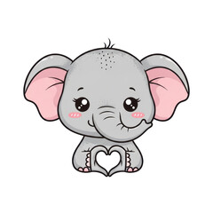 Obraz premium Cute baby elephant cartoon character with big eyes and pink ears making a heart shape with its trunk and feet, isolated. isolated PNG with Transparent Background