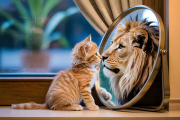 Small orange tabby kitten sees lion reflection in mirror