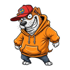 Naklejka premium Cartoon illustration of a cool dog character wearing an orange hoodie, blue jeans, and a red baseball cap with a bone logo, standing with a wide grin and a playful expression. isolated PNG with