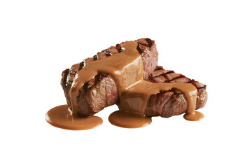 Two grilled beef steaks with rich brown sauce drizzled on meat food