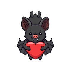 Cute cartoon bat holding a red heart, depicted in a charming and friendly illustration style with a dark gray body and pink accents. isolated PNG with Transparent Background