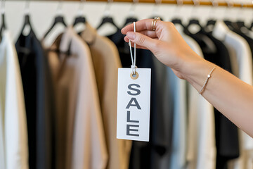 Woman holding a white sale tag in front of hanging clothes retail shopping discount