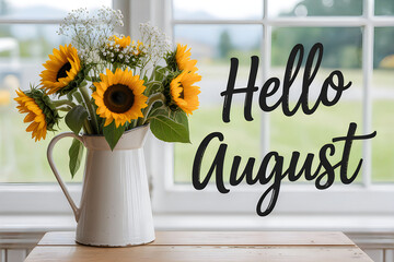 Yellow sunflowers in white pitcher on wooden table Hello August bouquet